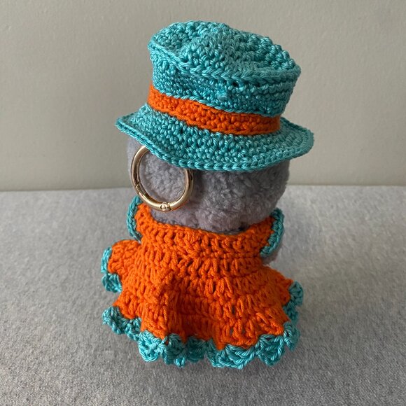 Handmade Crochet Blue Orange Top Hat Outfit for 17cm Plush Doll 2-Piece Set - Picture 3 of 7
